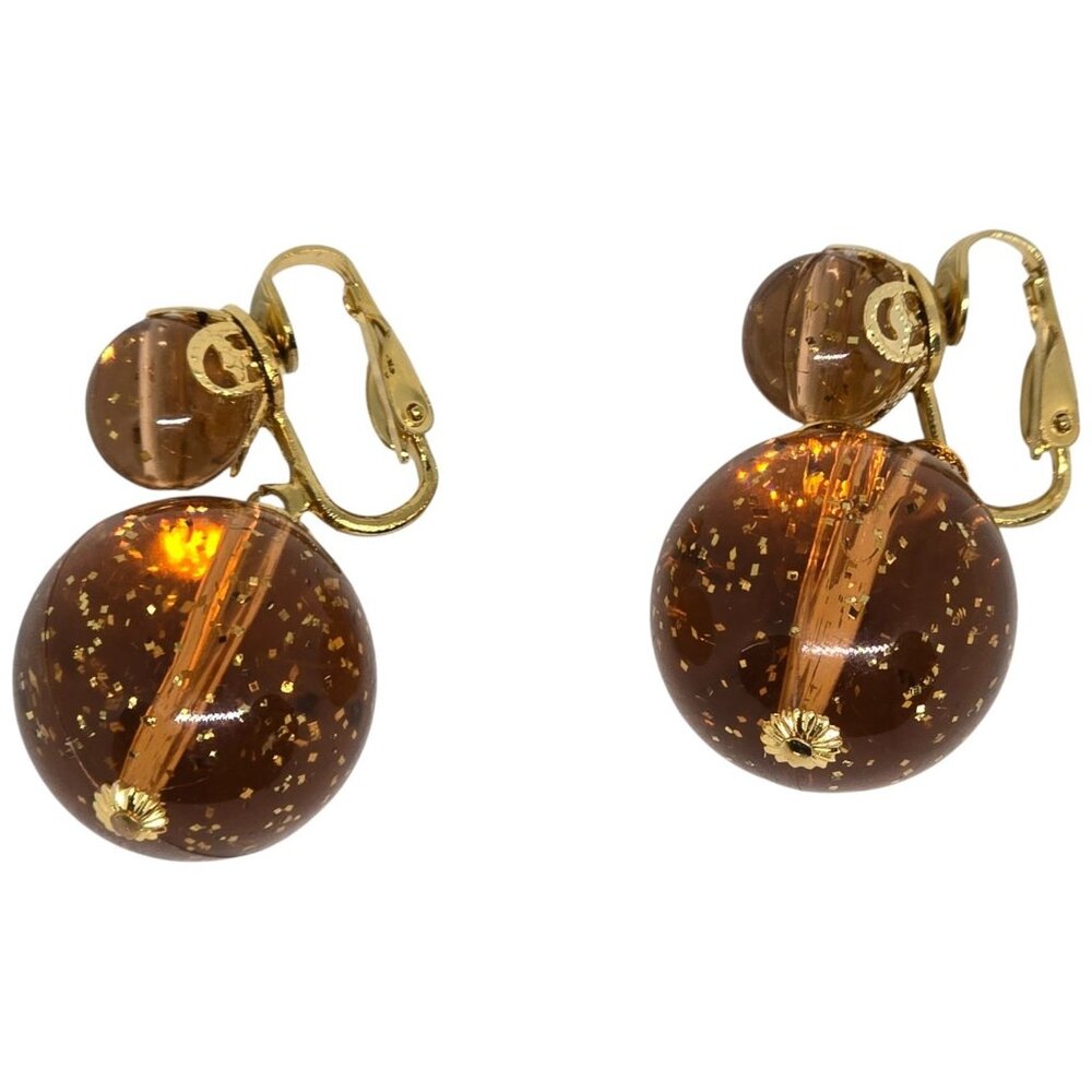 Fashion Brown Amber Gold Glitter Ball Clip On Drop Dangle Earrings Statement